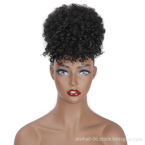 Aisi Hair Best Selling High Temperature Fiber Chignon With Bangs Kinky Curly Bun Hairpieces Short Afro Puff Updo Hair Extensions